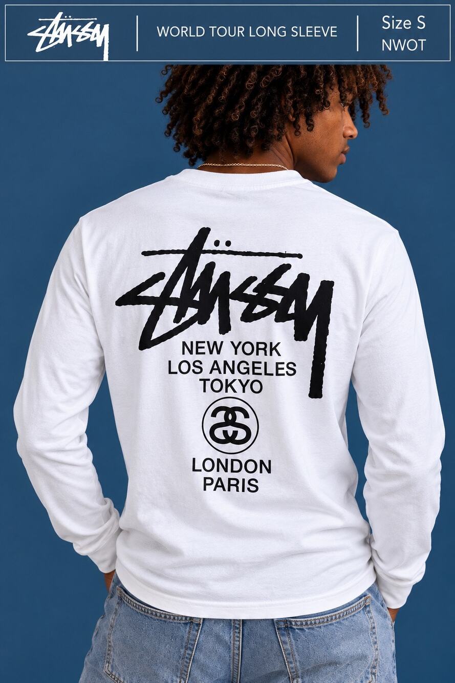 Stüssy World Tour Long Sleeve Tee White Black Size Small NWOT